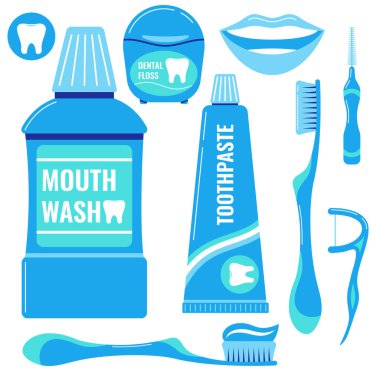 Diş macunu simgeleri beyaz arkaplanda izole edildi. Diş fırçası, diş fırçası, diş ipi, gülümseme, diş fırçası, diş fırçası, diş fırçası, diş macunu, web tasarımı için diş fırçası vektörü düz diş izi..