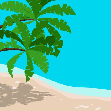 Palmiye ağaçları, deniz ve kıyı şeridi olan tropik bir sahil. Hawaii deniz manzaralı seyahat afişi. Çizgi film tarzında vektör illüstrasyon egzotik deniz manzarası. Yaz cenneti adası kumlu plaj afişi.