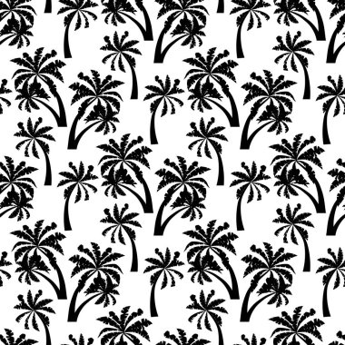 Siyah palmiye ağaçları beyaz arka planda izole edilmiş dikdörtgen desenli. Vektör monokrom basit düz çizim. Sonsuz çiçek dokusu. Örnek siluet yaz tropikal Hawaii tasarım arka planı.