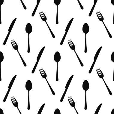 Çatal bıçak, siyah siluet vektör, kusursuz desen. Basit bir tasarım. Üst manzara sofra takımı, kaşık, çatal, bıçak. Tek renkli mutfak gereçleri beyaz arkaplanda izole edilmiş sonsuz doku çizimi.