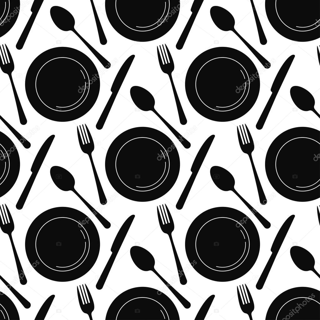 Black empty plate with spoon, knife and fork seamless pattern isolated on a white background. Silhuette tableware - plate, spoon, fork, knife shapes. Vector flat simple kitchenware endless texture.