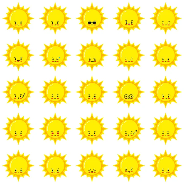 Sol Conjunto Vetor Emoji Flat Sunshine Emoticon Desenho Animado Ícone —  Vetores de Stock