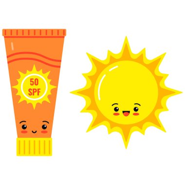 Emoji güneş kremi şişesi ve beyaz arka planda izole edilmiş sevimli güneş vektör ikonu. Düz dizayn çizgi film tarzı simgeler - gülümseyen turuncu güneş kremi tüpü ve mutlu sarı kawaii karakteri.