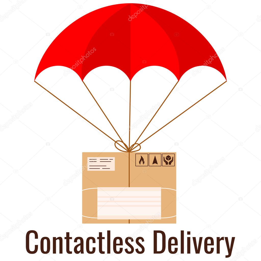 Parcel with medical disposable mask delivered by parachute isolated on white background. Contactless delivery concept. Flat design cartoon style vector illustation. Delivery of goods under quarantine.