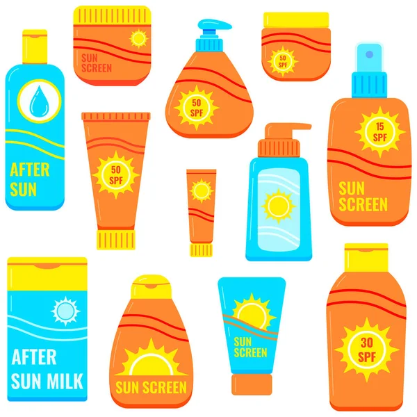 Sunscreen Bottles Vector Icon Set Isolated White Background Flat Design — Stock Vector