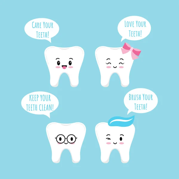 Cute tooth emoji with blue toothbrush paste on head and sparkles. Stock