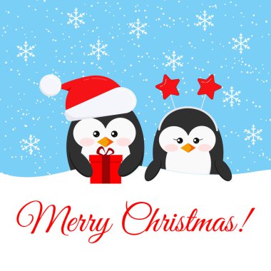Mutlu Noeller, şirin penguen oğlan ve Noel hediyeli kız vektör illüstrasyonlu..