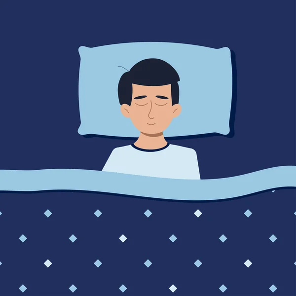 男人或男孩晚上穿着睡衣睡在家里或旅馆的床上 放松顶部视图的概念 深度健康睡眠图像 平面设计卡通风格矢量插图 从上面看 — 图库矢量图片