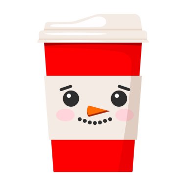 Mutlu Noeller kağıt kahve ya da beyaz arka planda izole edilmiş şirin kardan adam yüzüyle süslenmiş çay fincanı..