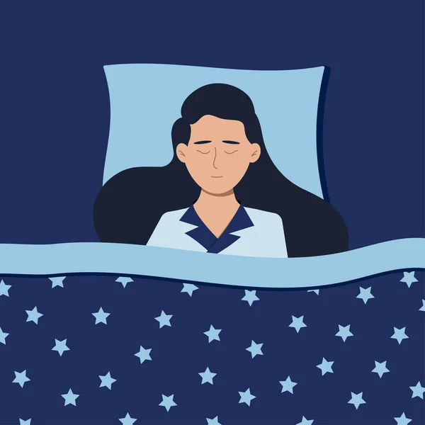 Žena nebo dívka spící v noci v modrém pyžamu v posteli doma nebo v hotelu. — Stockový vektor