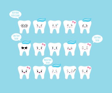 Mavi arkaplanda izole edilmiş hoparlör baloncukları olan sevimli diş emoji simgesi seti.