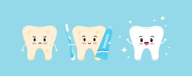 Sarı plakalı şirin diş, diş macunu ve diş fırçasıyla beyaz ve sağlıklı diş olur..