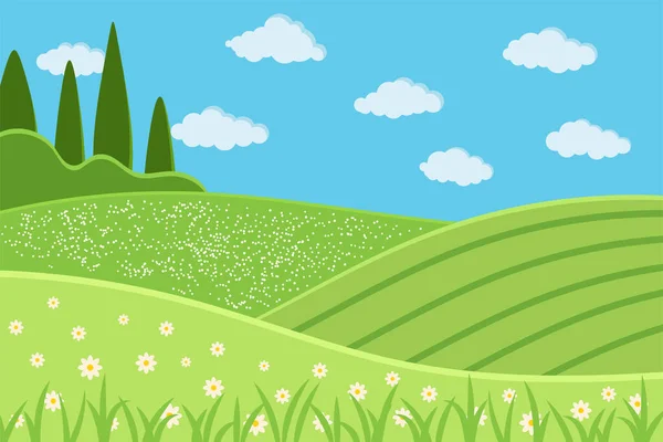 Αγροτική πράσινο τοπίο σκηνή επίπεδη διανυσματική απεικόνιση. — Διανυσματικό Αρχείο