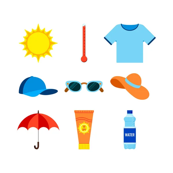 Beach and heat stroke prevention infographic icon set. — Stockový vektor