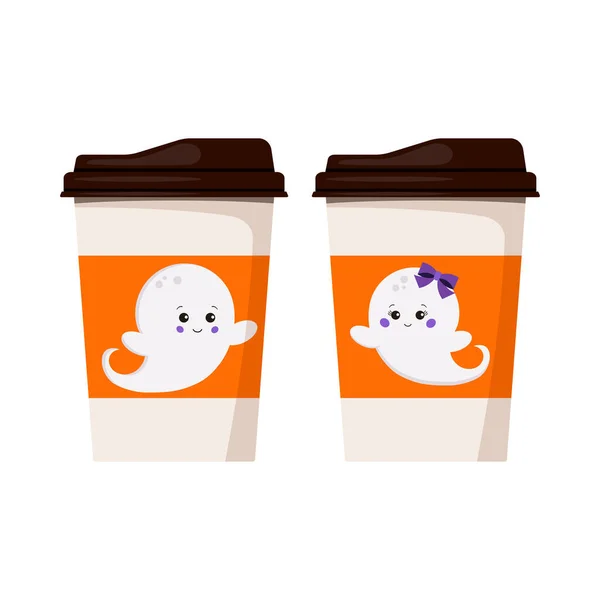 Halloween spöken på papper kaffe eller te kopp att gå ikon set isolerad på vit bakgrund. — Stock vektor