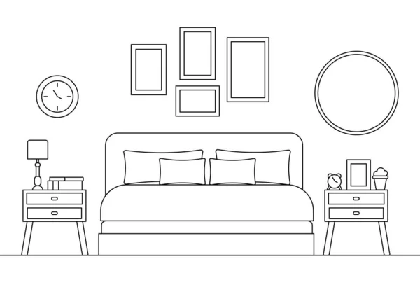 白い背景に隔離された家具と居心地の良いベッドルームのリニアインテリアシーン. — ストックベクタ