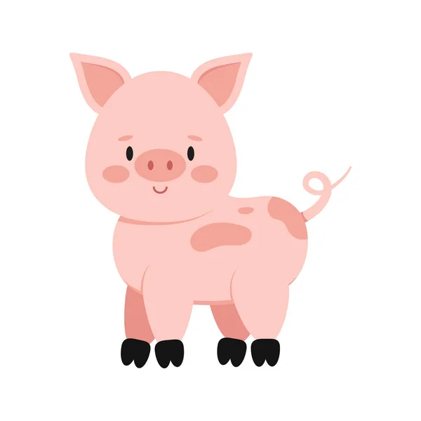 Nettes rosa Schwein mit lockigem Schwanz isoliert auf weißem Hintergrund. — Stockvektor