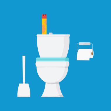 Oda spreyi, tuvalet kağıdı ve tuvalet fırçası olan seramik beyaz klozet..