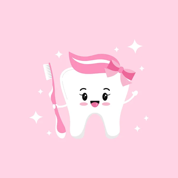 Menina emoji dente bonito com pasta de escova de dentes rosa e arco na cabeça e brilhos . —  Vetores de Stock
