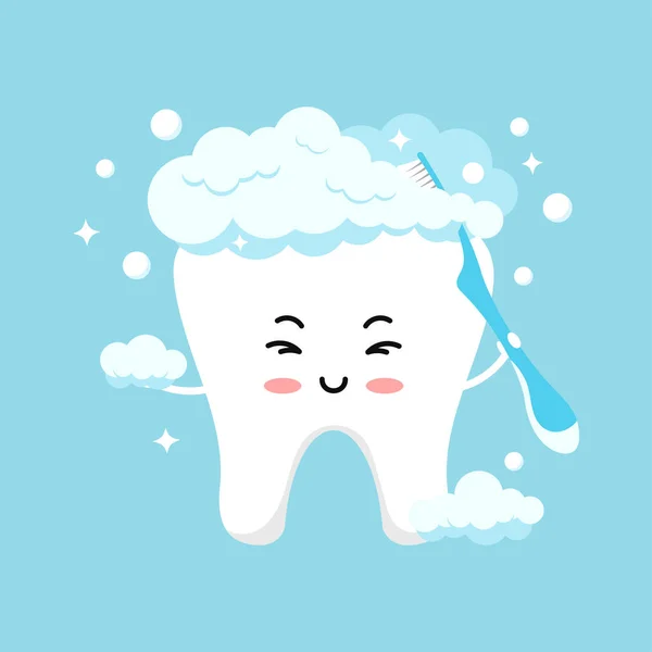 Emoji dents mignon en mousse se brossant avec une brosse à dents . — Image vectorielle