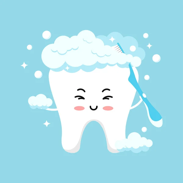 Cute tooth emoji in foam brushing himself with toothbrush. — Stock Vector