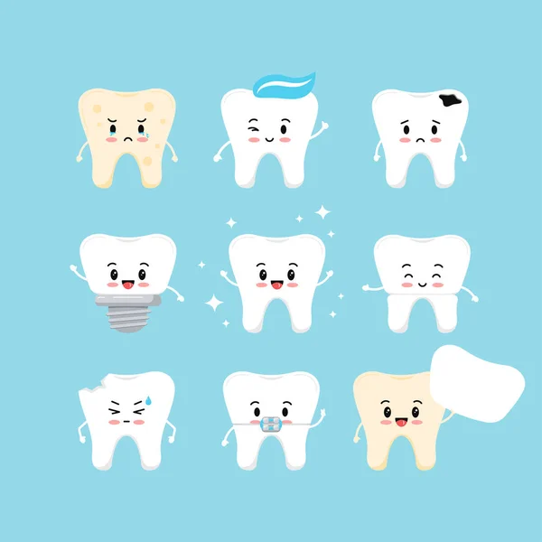 Dientes lindos emoji icono dental conjunto de vectores . — Vector de stock