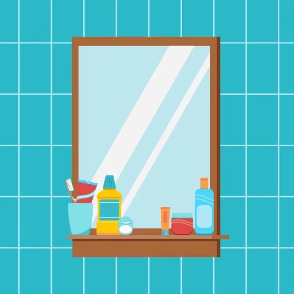 Tükrözés a fürdőszobában higiéniai tartozékokkal a polcon. — Stock Vector