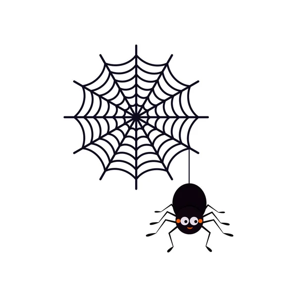 Симпатичный улыбающийся черный паук висит на нитке паутины с иконкой spederwebs изолированы на белом фоне . — стоковый вектор