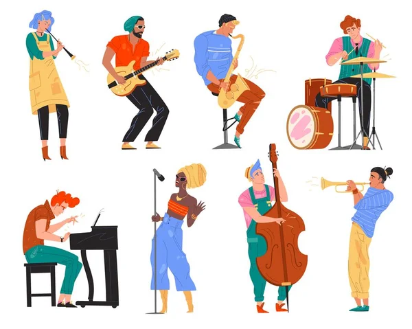 Illustration Vectorielle Groupe Jazz Homme Femme Guitariste Saxophoniste Batteur Chanteur — Image vectorielle