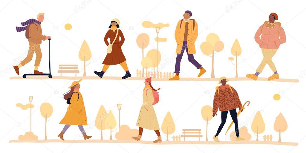 Vector happy couple walks autumn park set. Young woman and man walking in city center recreational area. Citizens strolling, holding umbrella, riding kick scooter. Flat cartoon character leisure outside