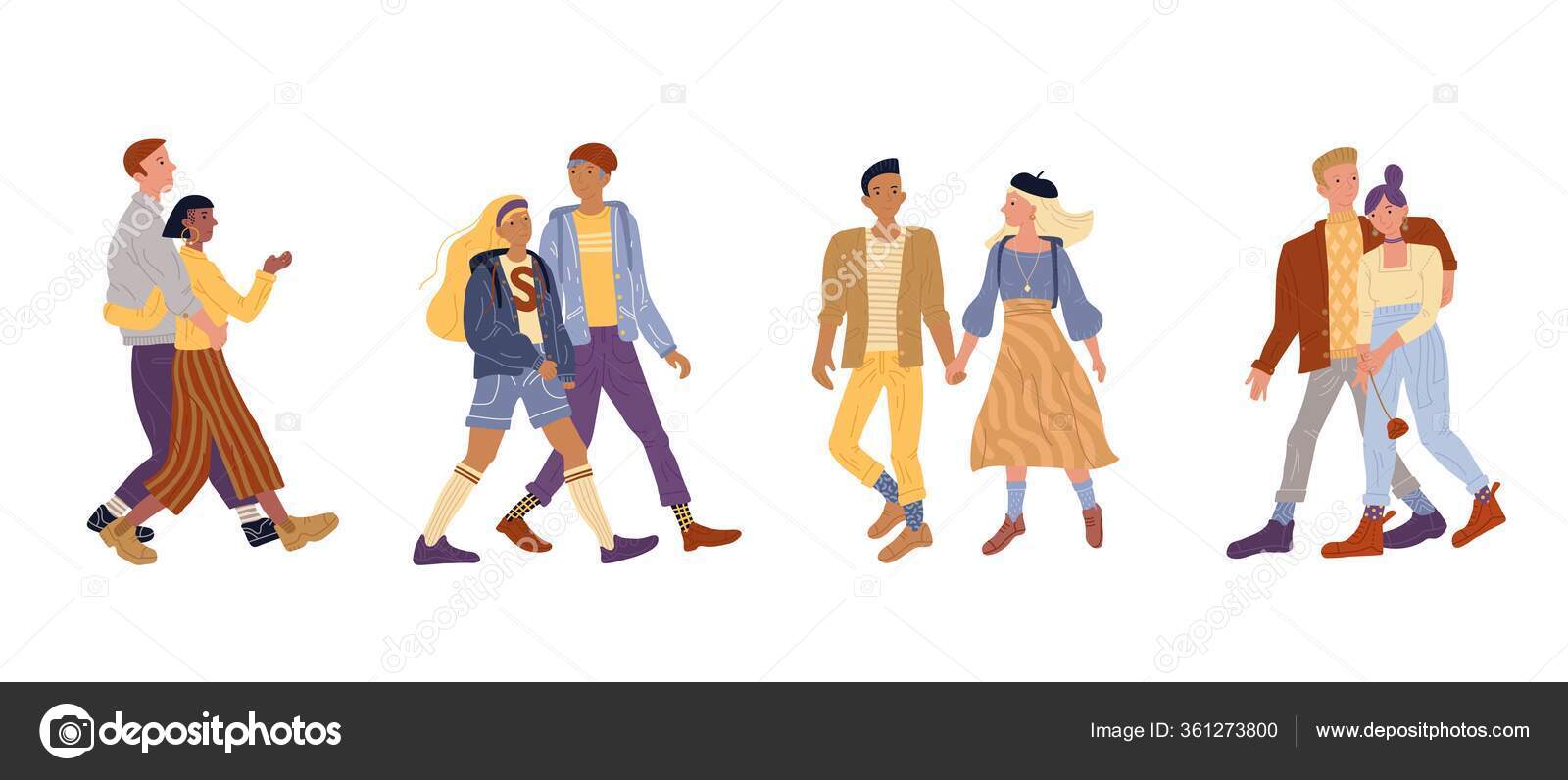 Ilustración vectorial parejas jóvenes caminando parque Vector de stock  #361273800 de ©vectorspace06@gmail.com, image size:1600x796