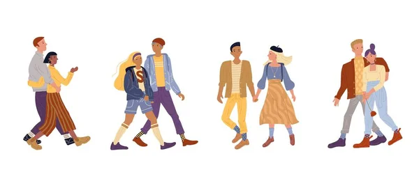 Ilustración vectorial parejas jóvenes caminando parque — Vector de stock