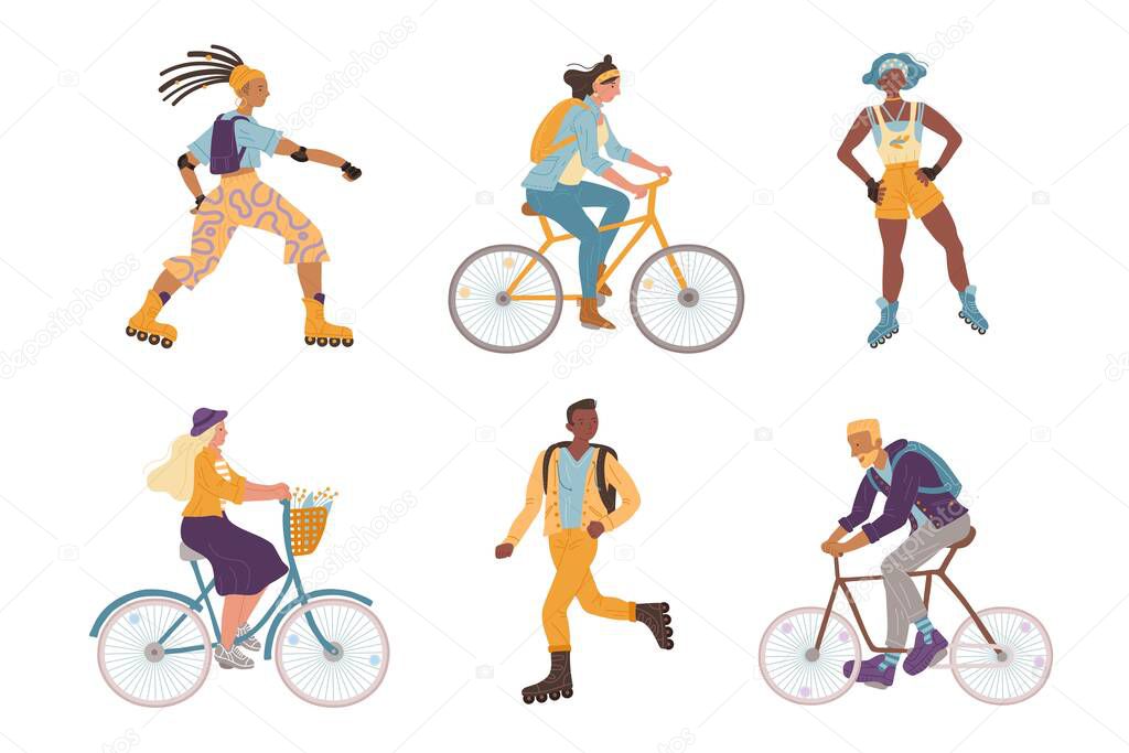 Vector illustration young cyclists, roller skaters