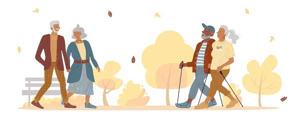 Пожилые люди пара ходить в осенний парк — стоковый вектор