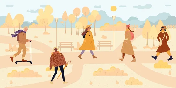 Люди прогуливаются по осеннему осеннему парку — стоковый вектор