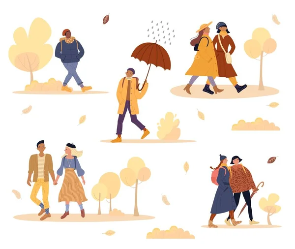 Друзья, влюбленные пара прогулок на свежем воздухе в осеннем парке — стоковый вектор