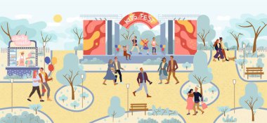 Sanatçılar çocuk müzik grubu şarkı söyler, dans eder. Yetişkin insanlar yürür. Çocuklar açık havada, park ziyaretçileri için canlı gösteri yapıyorlar. Festival konseri, abur cubur almak için fast food standı. Seyirciler dinleniyor.