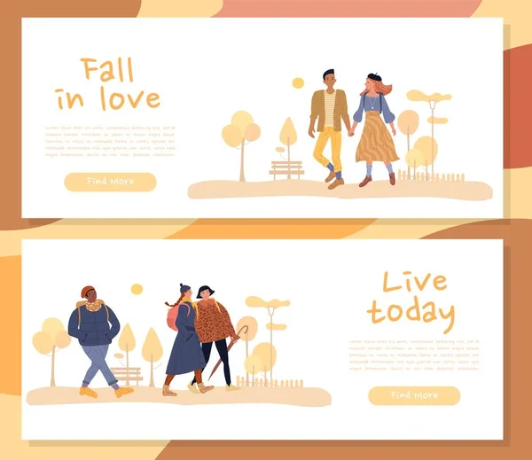 Man Woman Character Enjoy Autumn Boyfriend Girlfriend Fall Love Walking — Stock Vector