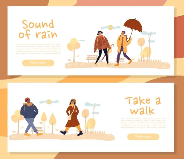 People Walking Umbrella Friends Meeting Cloudy Weather Park Multiethnic Man — Stock Vector