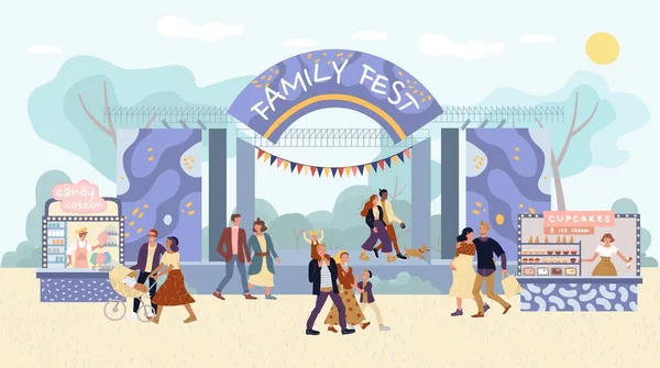 Οικογενειακό Φεστιβάλ Υπαίθριες Δραστηριότητες Μητέρα Πατέρας Παιδιά Ζευγάρι Περπατώντας Ελεύθερο — Διανυσματικό Αρχείο
