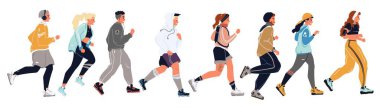 Erkekler, kadınlar, kızlar, oğlanlar, spor giyim kuşamında birbirini kovalayan öğrenciler. Sporcular, sporcular, koşucular.
