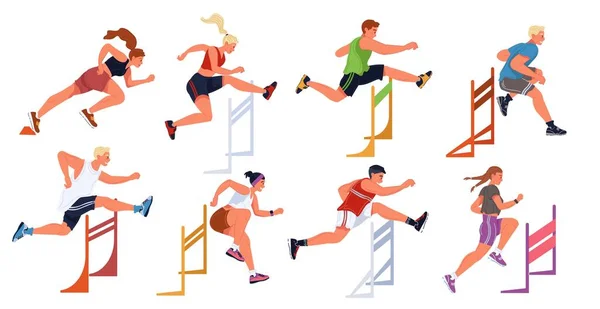 Carrera de obstáculos, competición de salto deportivo femenino y masculino. Atletas, carrera de obstáculos, carrera de obstáculos . — Vector de stock