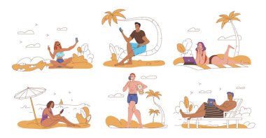 İnsanlar sahilde internette sörf yapıyor.