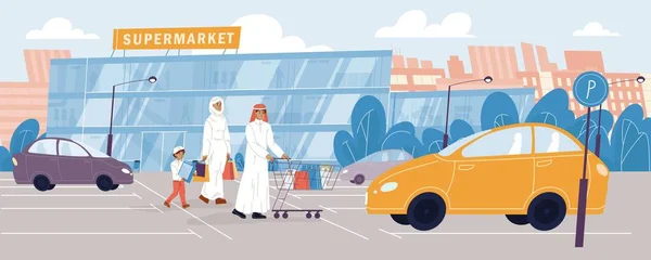 Arabische Familie geht in Supermarkt — Stockvektor