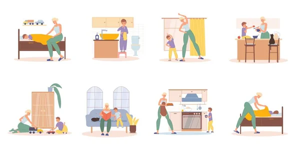 Mother preschool son daily activities scene set — Stock Vector