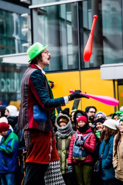 Montreal, Canada - March 17 2019 People celebrating the Saint Patrick`s Day Parade in Montreal downtown