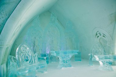 Quebec city, Canada - Feburary 17 2019: Interior of Ice Hotel in Quebec