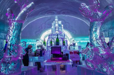 Quebec city, Canada - Feburary 17 2019: Interior of Ice Hotel in Quebec