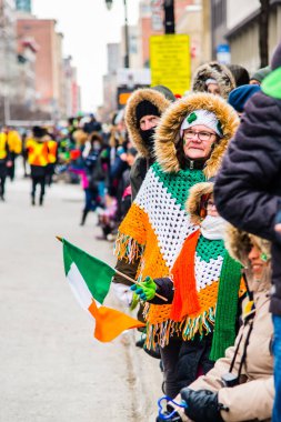 Montreal, Canada - March 17 2019 People celebrating the Saint Patrick`s Day Parade in Montreal downtown