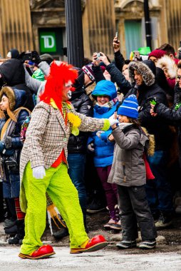 Montreal, Canada - March 17 2019 People celebrating the Saint Patrick`s Day Parade in Montreal downtown